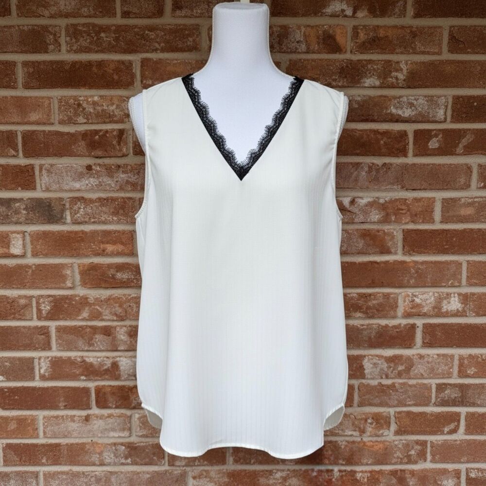 Adrianna Papell Ivory Soft White Sleeveless Blouse with Black Lace Trim, XL